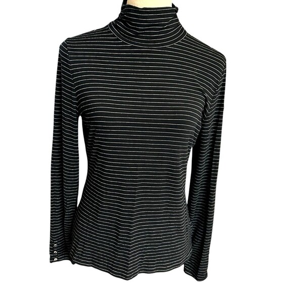 WHBM Mock Turtle Neck Black Striped Long Sleeve Button Detail Stretch Top Sz L - Picture 3 of 11